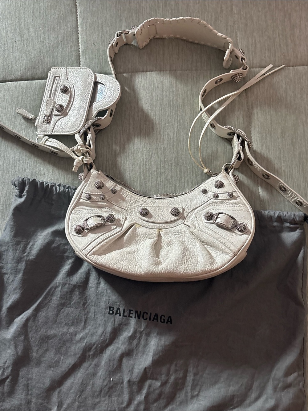 Balenciaga white le cagole Leather Crescent with rhinestone hardware
